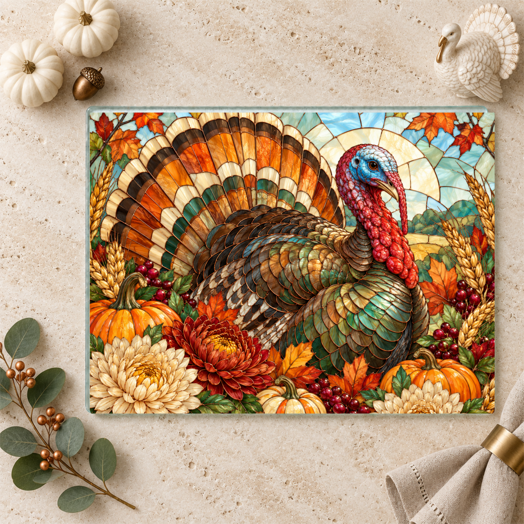 Thanksgiving Turkey Glass Cutting Board, Stained Glass Turkey Kitchen Decor, Fall Floral Harvest Cutting Board, Autumn Gift