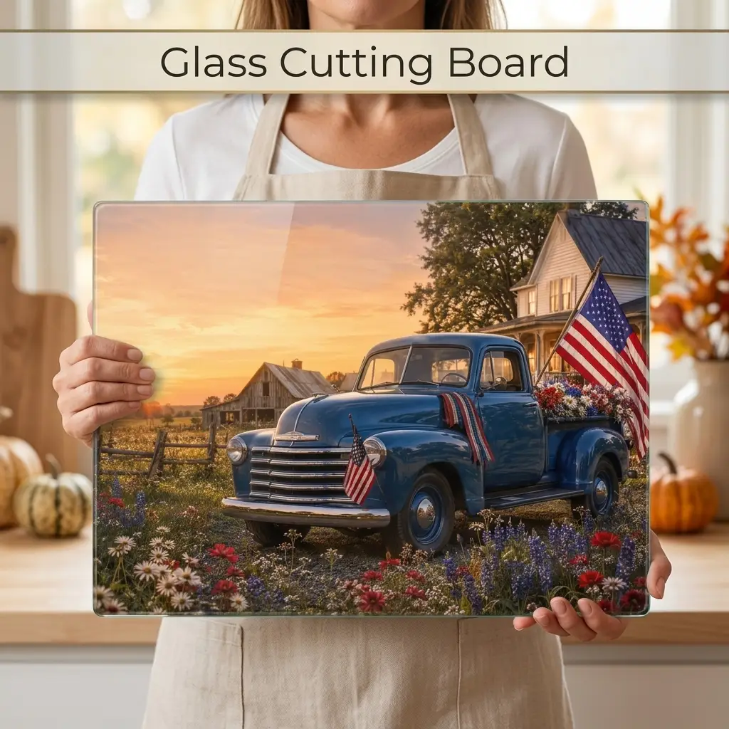 Blue Vintage Truck Glass Cutting Board, Patriotic Americana Farmhouse Kitchen Decor, Red White Blue Country Gift