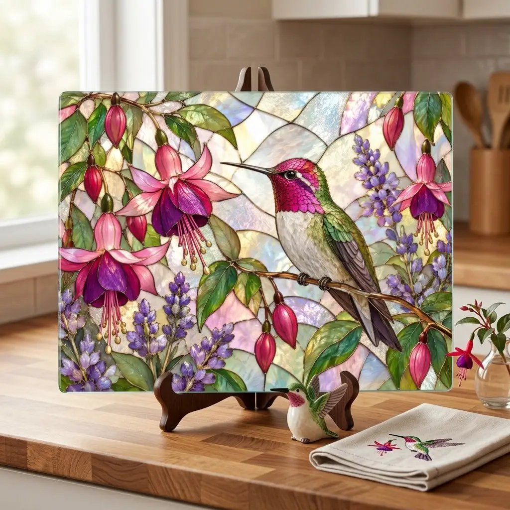Hummingbird Cutting Board, Stained Glass Hummingbird Decor, Fuchsia Flower Kitchen Decor, Bird Lover Gift, Garden Lover Gift