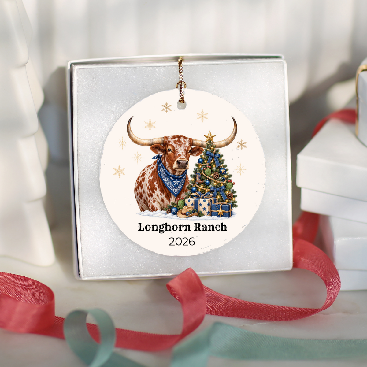 Personalized Longhorn Christmas Ornament, Western Cowboy Ceramic Ornament, Custom Name and Year