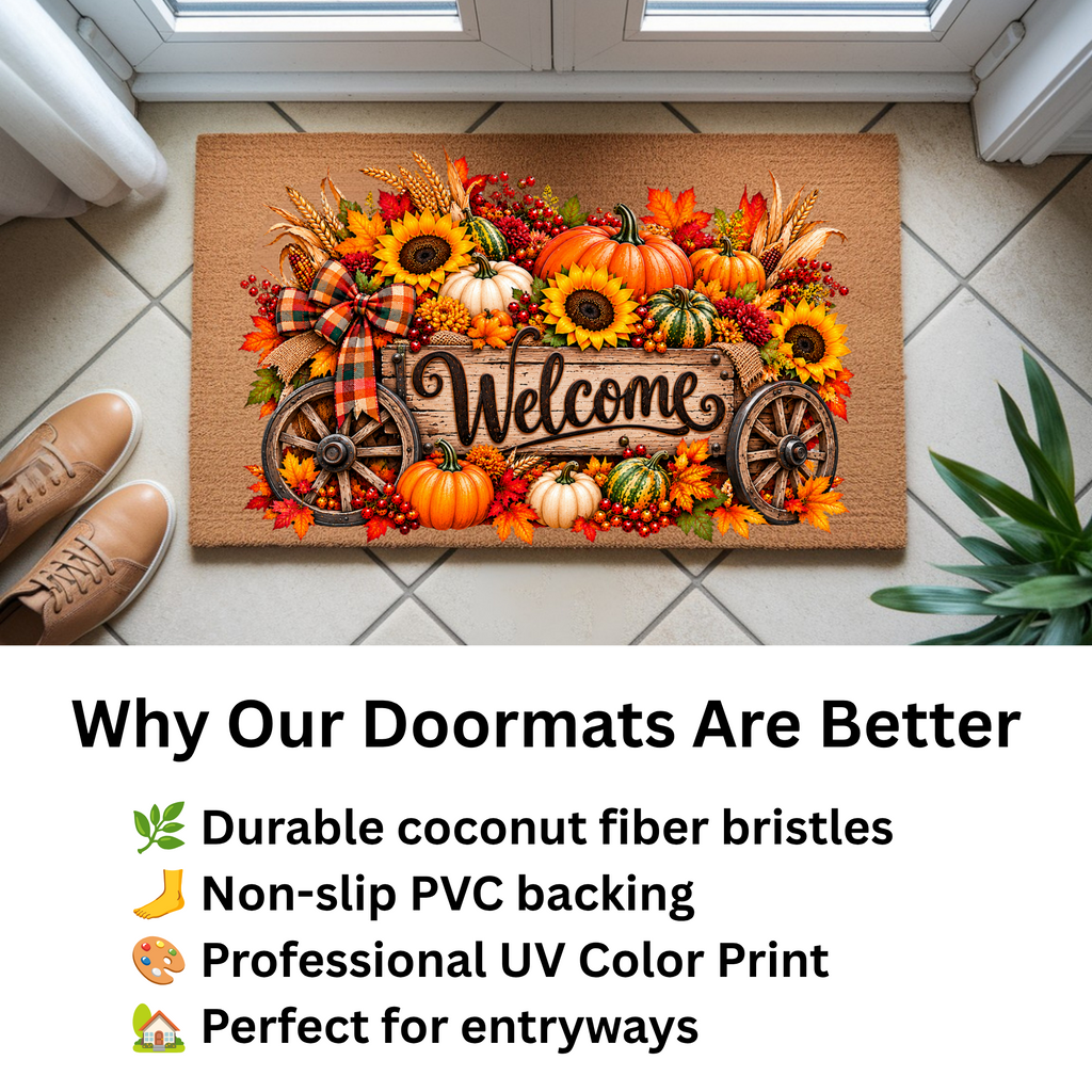 Harvest Wagon Welcome Doormat, Fall Coir Door Mat, Pumpkin Sunflower Welcome Mat, Autumn Farmhouse Porch Decor, Thanksgiving Doormat