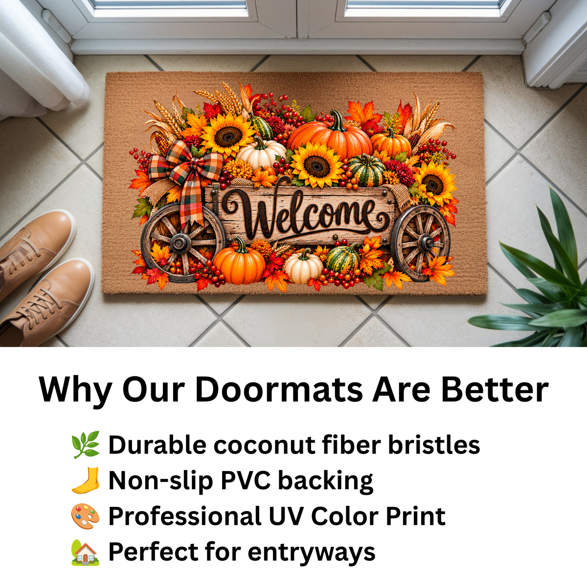 Harvest Wagon Welcome Doormat, Fall Coir Door Mat, Pumpkin Sunflower Welcome Mat, Autumn Farmhouse Porch Decor, Thanksgiving Doormat