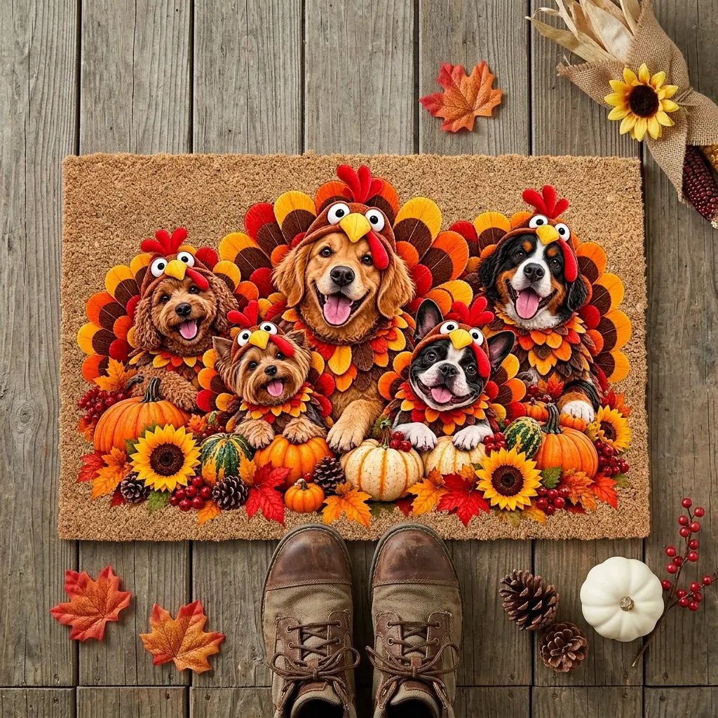 Thanksgiving Dog Doormat, Dogs in Turkey Costumes Coir Mat, Funny Fall Welcome Mat, Dog Lover Gift, Thanksgiving Porch Decor