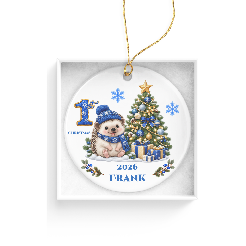Hedgehog Baby Personalized Christmas Ornament, Baby's 1st 2nd 3rd Christmas, Custom Name Year Ceramic Keepsake