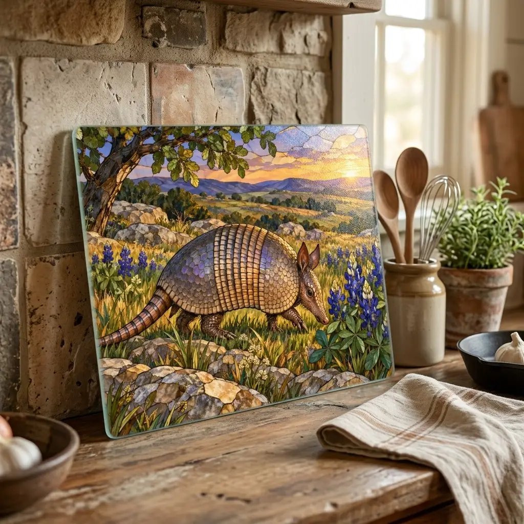 Texas Armadillo Glass Cutting Board, Bluebonnet Kitchen Decor, Wildlife Chopping Board, Southwestern Countryside Kitchen Gift, 2 Sizes