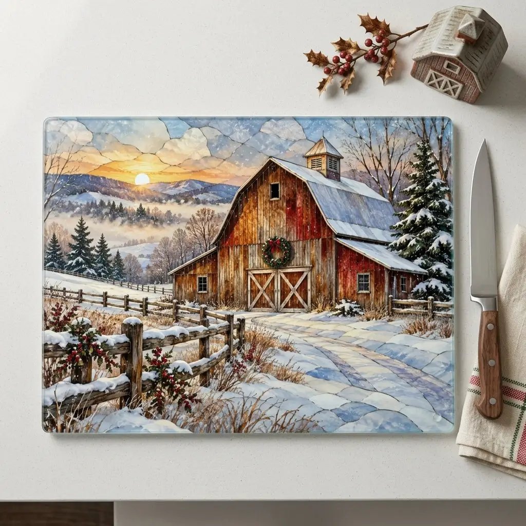 Snowfall Ridge Winter Barn Personalized Cutting Board, Country Farmhouse Kitchen Decor, Stained Glass Farm Scene, Rustic Christmas Gift, Custom Family Gift