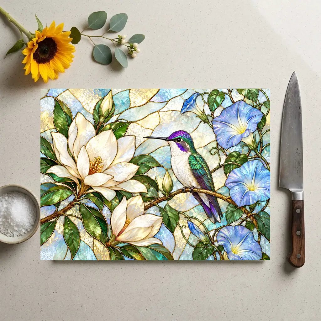 Hummingbird Cutting Board, Stained Glass Bird Decor, Magnolia Flower Kitchen Decor, Morning Glory Gift, Nature Lover Gift