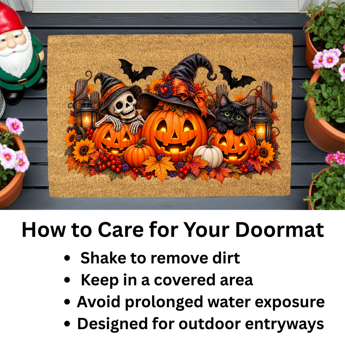 Halloween Doormat, Pumpkin Cat Skeleton Coir Mat, Spooky Fall Welcome Mat, Witch Pumpkin Door Mat, Halloween Porch Decor