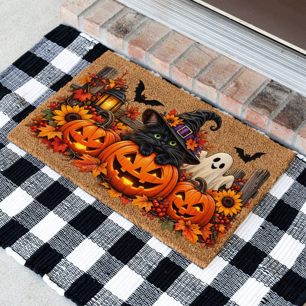 Halloween Cat Doormat, Black Cat Pumpkin Coir Mat, Cute Ghost Welcome Mat, Witch Cat Fall Porch Decor, Spooky Halloween Door Mat