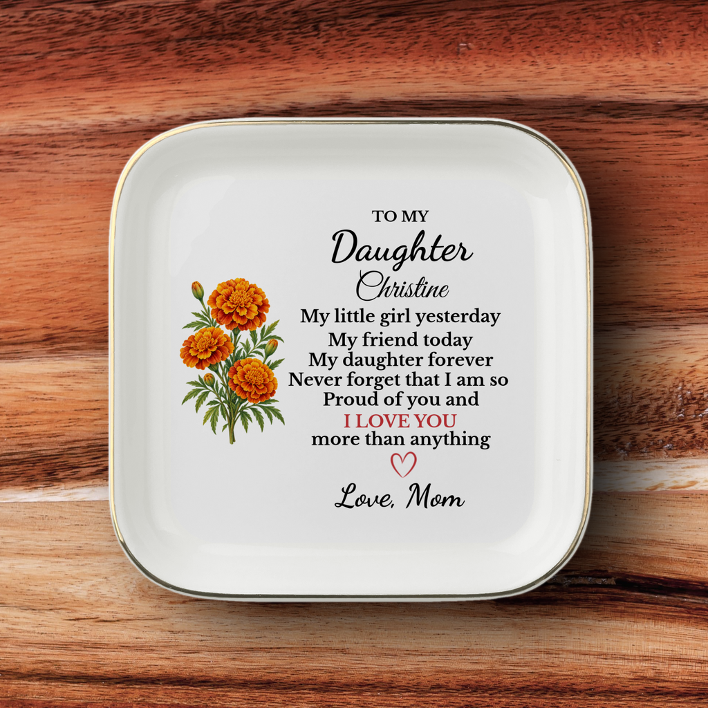 Personalized Daughter Birth Flower Jewelry Dish, Custom Name Trinket Tray, Sentimental Gift from Mom, Birthday Gift for Adult Daughter