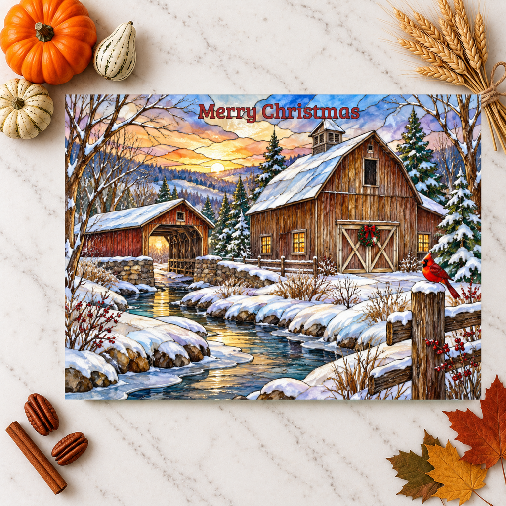 Cardinal Creek Winter Barn Glass Cutting Board, Red Cardinal Farmhouse Kitchen Decor, Country Christmas Gift