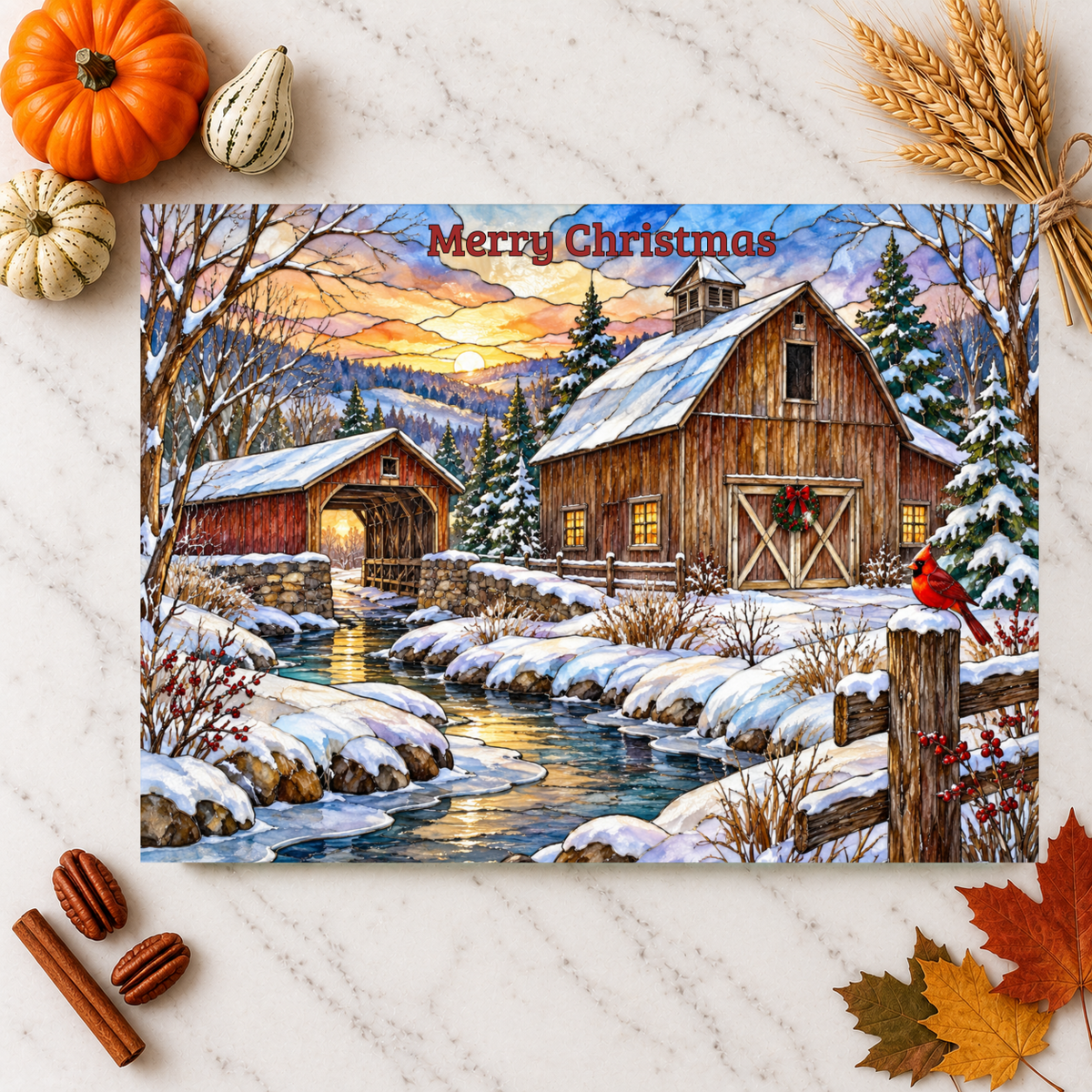Cardinal Creek Winter Barn Glass Cutting Board, Red Cardinal Farmhouse Kitchen Decor, Country Christmas Gift