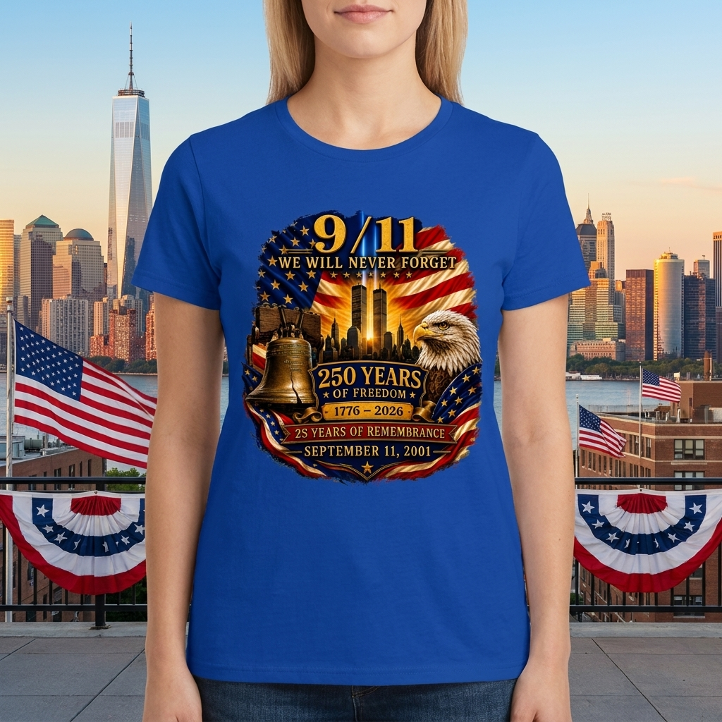 9/11 Memorial Shirt 25th Anniversary, Never Forget T-Shirt, 250 Years of Freedom 1776-2026, September 11 Remembrance Patriotic Tee