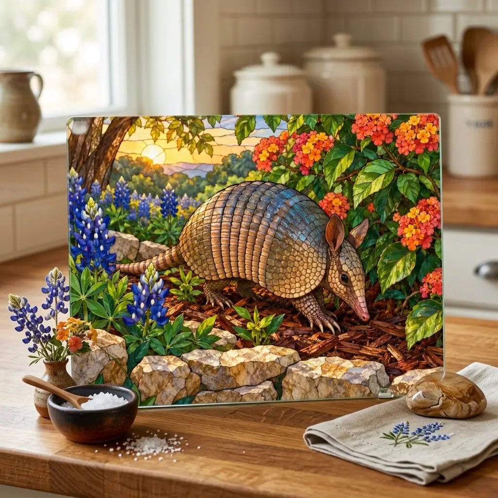 Armadillo Glass Cutting Board, Texas Kitchen Decor, Bluebonnet Armadillo Gift, Stained Glass Style Wildlife Art, Texas Housewarming Gift