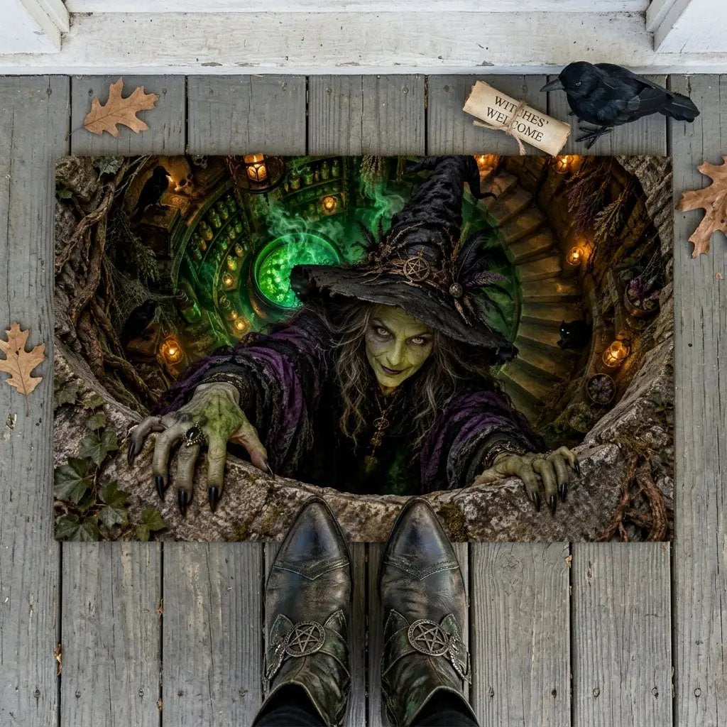 Witch Doormat, Halloween 3D Optical Illusion Door Mat, Witch Apothecary Cellar Welcome Mat, Spooky Porch Decor, Haunted House Entrance
