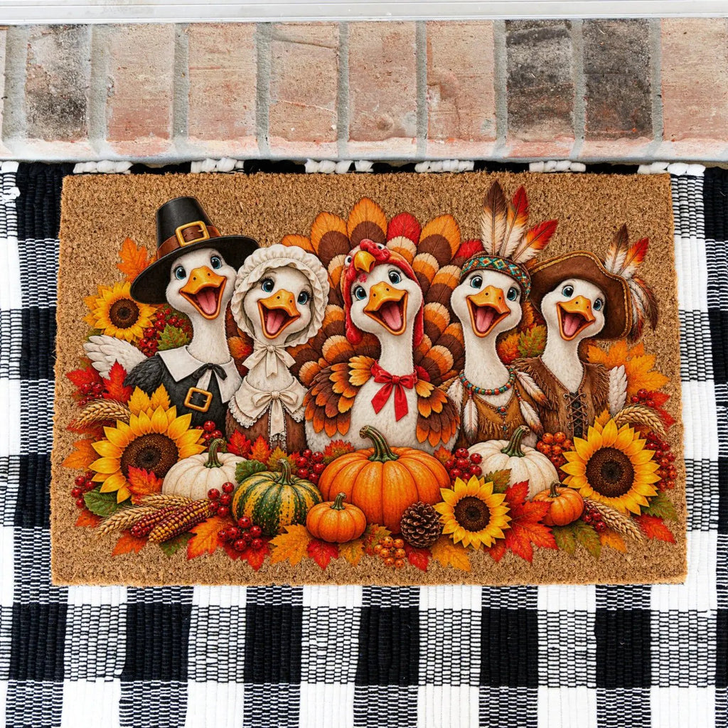 Thanksgiving Goose Doormat, Pilgrim Geese Welcome Mat, Funny Thanksgiving Porch Decor, Fall Coir Doormat, Harvest Front Door Mat