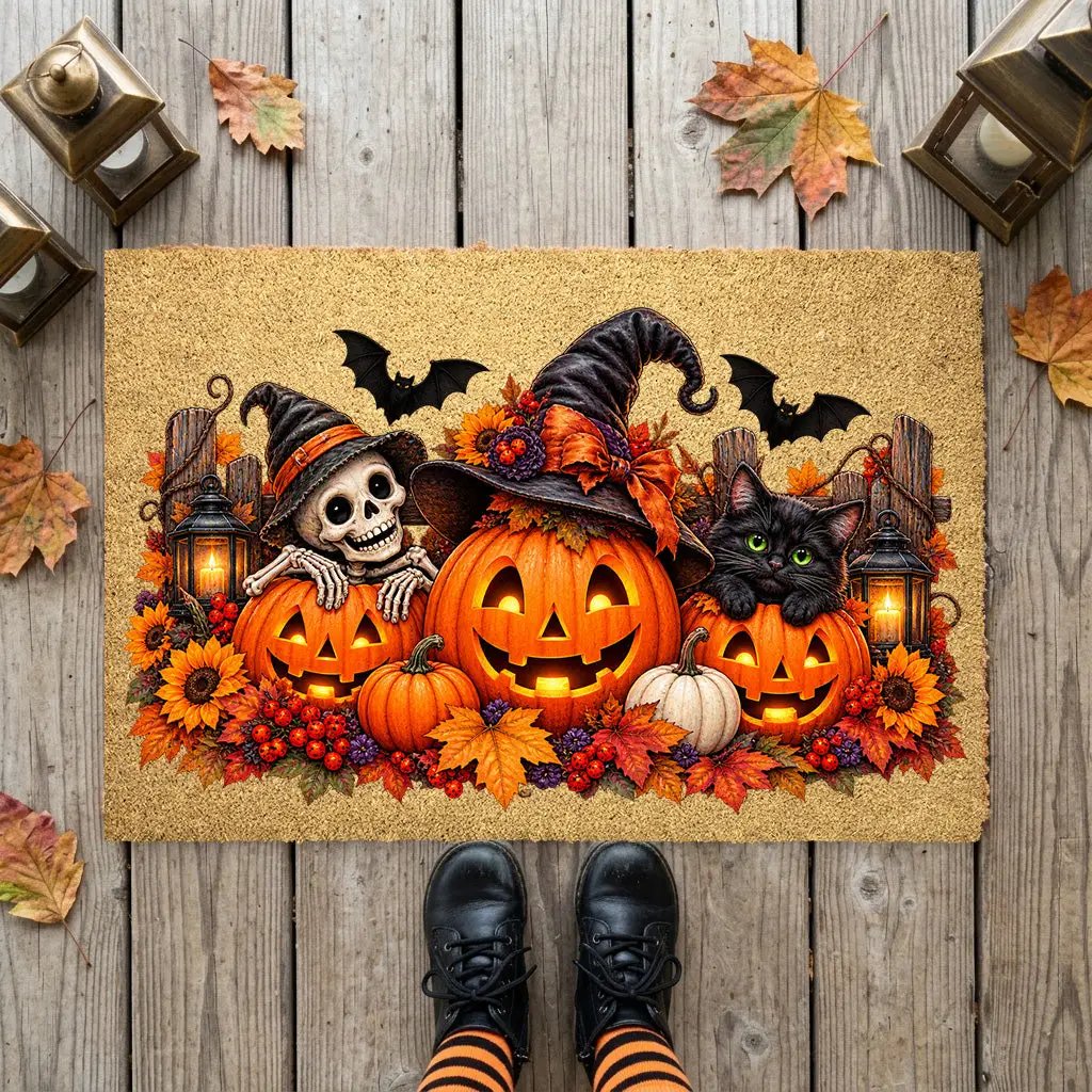 Halloween Doormat, Pumpkin Cat Skeleton Coir Mat, Spooky Fall Welcome Mat, Witch Pumpkin Door Mat, Halloween Porch Decor