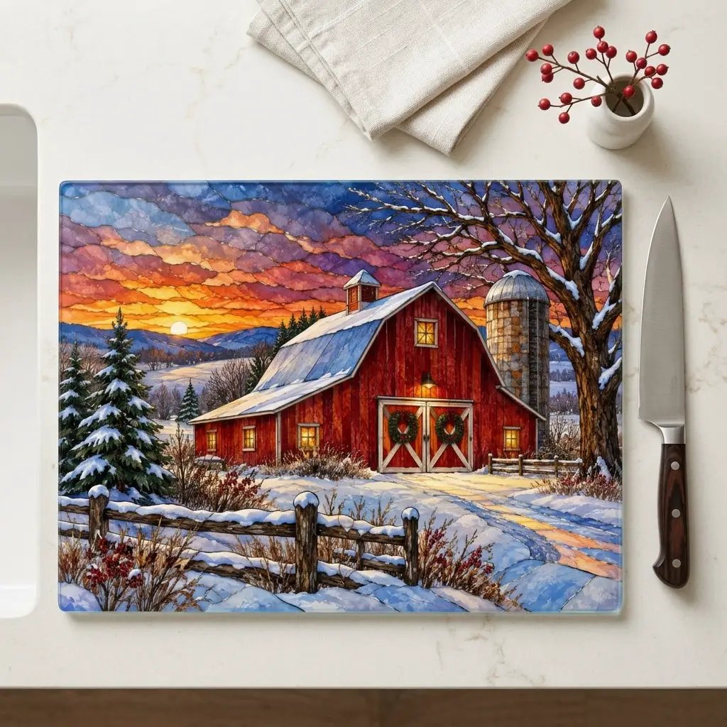 Winter Red Barn Glass Cutting Board, Country Christmas Kitchen Decor, Farmhouse Cutting Board, Rustic Winter Barn Gift
