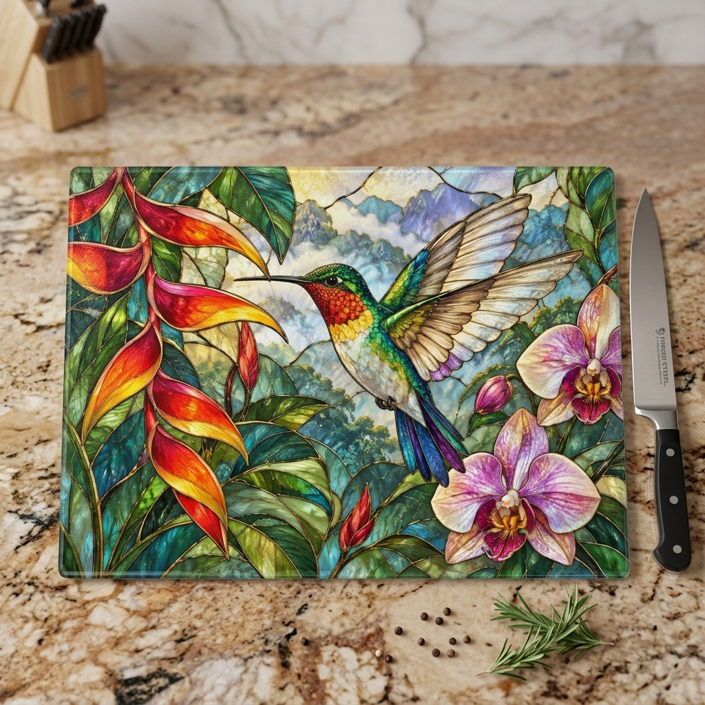 Hummingbird Cutting Board, Stained Glass Bird Decor, Tropical Orchid Kitchen Decor, Floral Hummingbird Gift, Nature Lover Gift