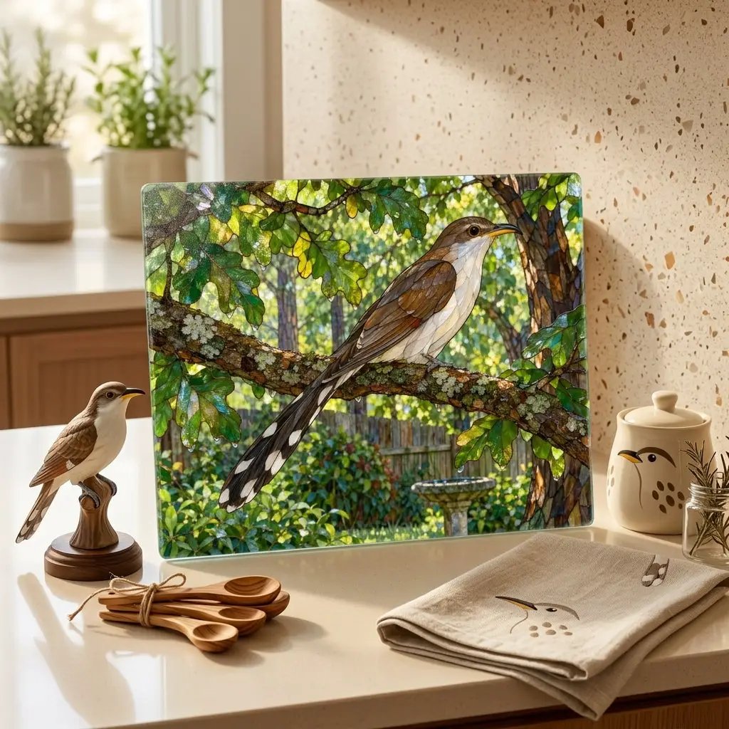 Yellow Billed Cuckoo Glass Cutting Board, Backyard Bird Kitchen Decor, Birdwatcher Gift, Bird Lover Gift, Woodland Serving Board