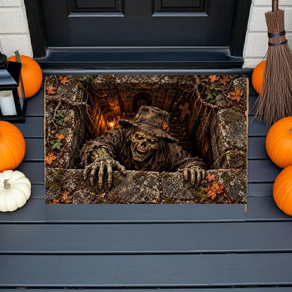 Undead Groundskeeper Halloween Doormat, 3D Zombie Optical Illusion Mat, Creepy Graveyard Door Mat, Haunted Crypt Halloween Decor