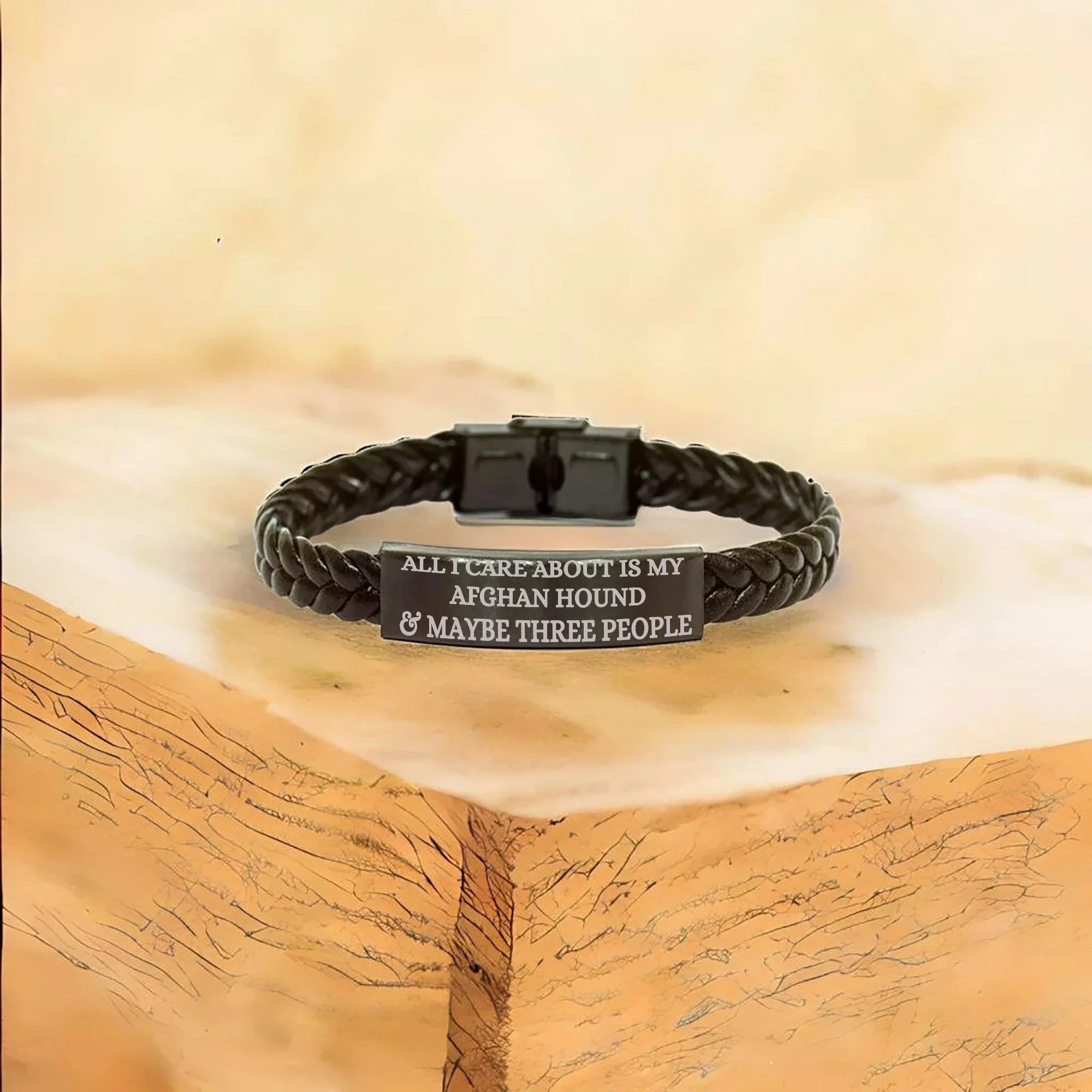 Funny Gifts for Afghan Hound Dog Lovers 'All I Care About Is My Afghan Hound And Maybe Three People' - Engraved Stainless Steel Interlaced Leather Bracelet Birthday, Christmas Gift