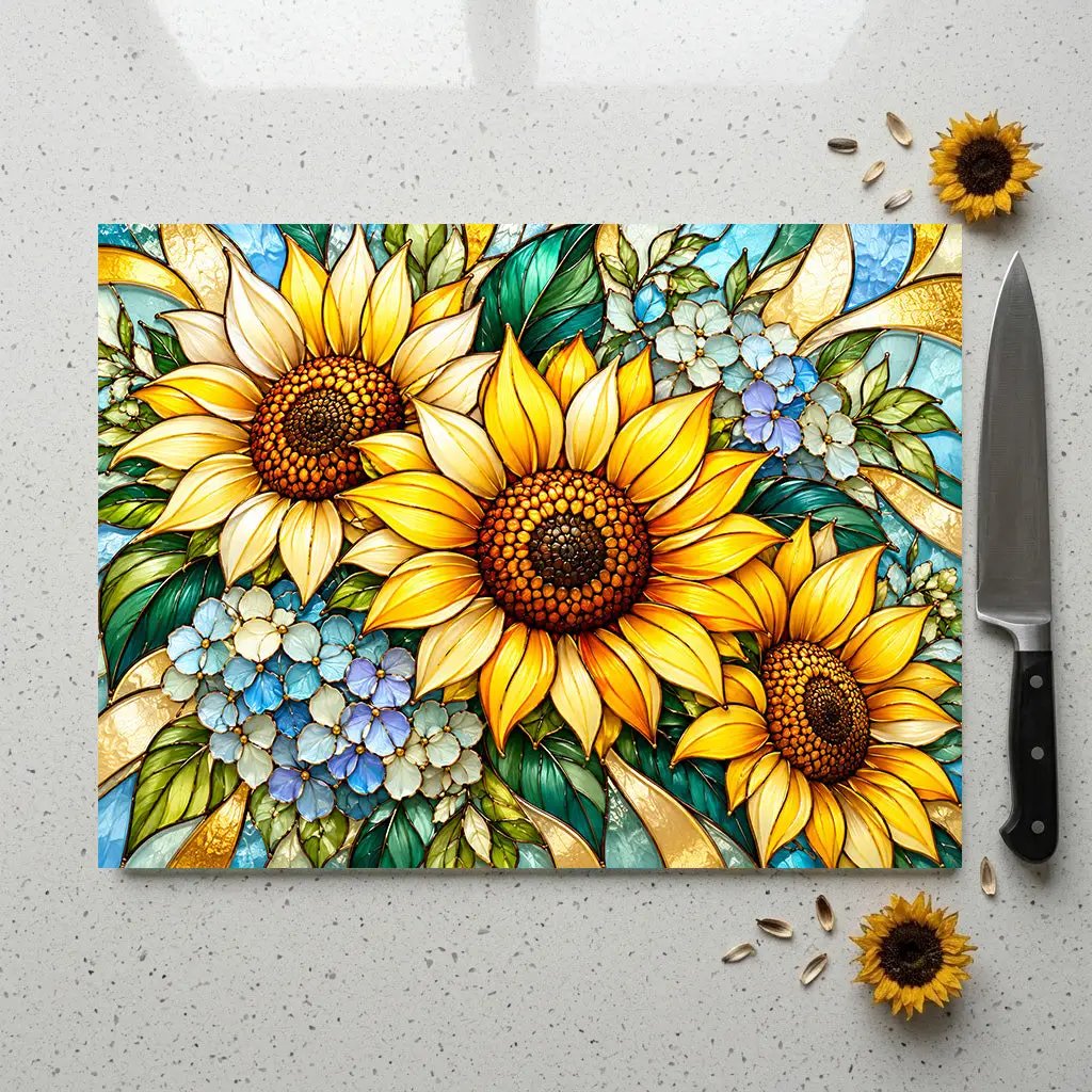 Sunflower Glass Cutting Board, Blue Hydrangea Kitchen Decor, Yellow Floral Cutting Board, Flower Lover Gift, Stained Glass Kitchen Art