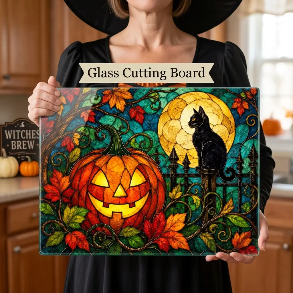 Halloween Black Cat and Jack-O-Lantern Personalized Glass Cutting Board, Spooky Pumpkin Kitchen Decor