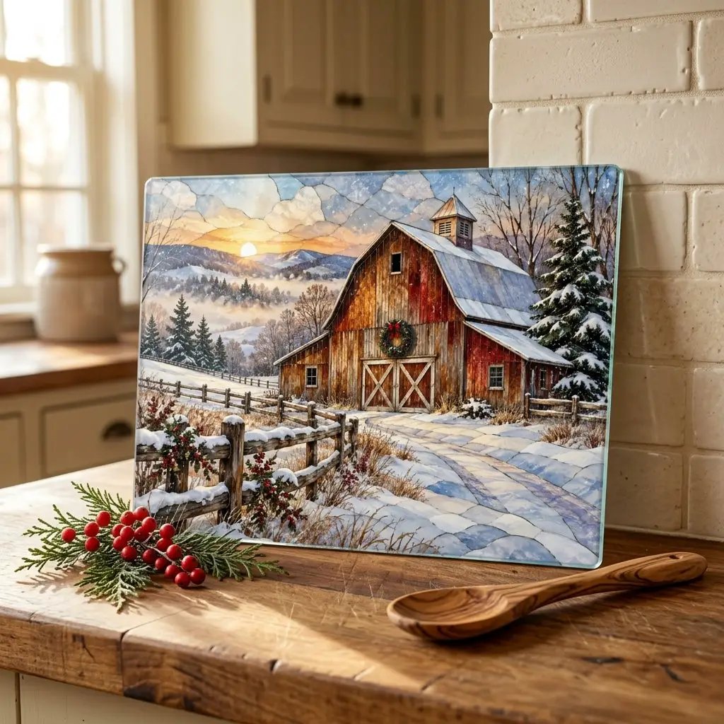 Snowfall Ridge Winter Barn Personalized Cutting Board, Country Farmhouse Kitchen Decor, Stained Glass Farm Scene, Rustic Christmas Gift, Custom Family Gift