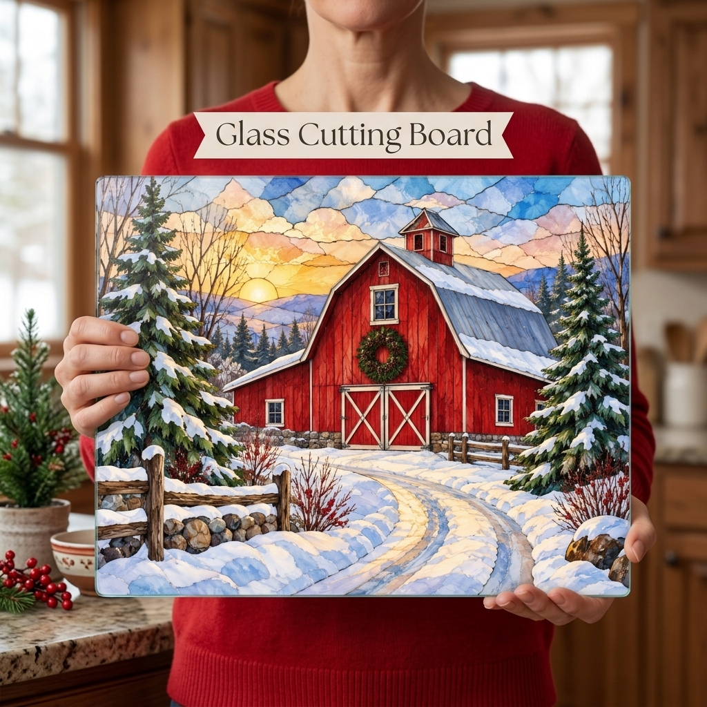 Winter Red Barn Glass Cutting Board, Snowy Country Road Farmhouse Kitchen Decor, Rustic Christmas Barn Gift