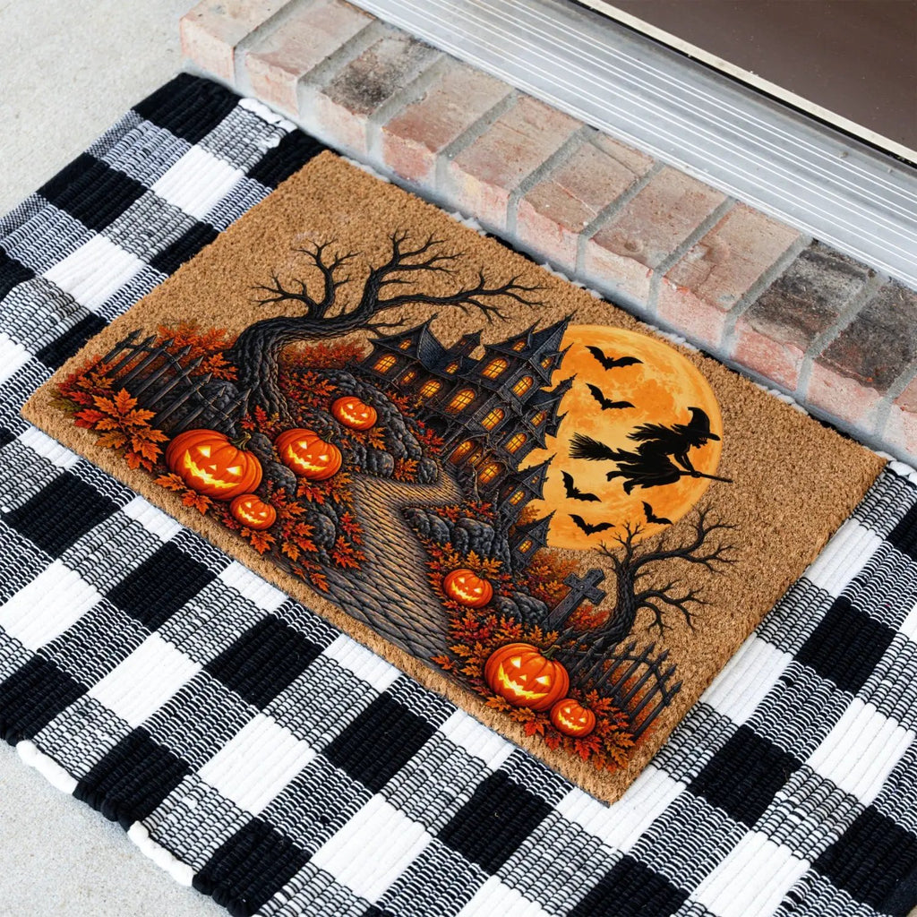 Haunted House Doormat, Halloween Witch Welcome Mat, Spooky Mansion Coir Doormat, Jack O Lantern Door Mat, Gothic Halloween Porch Decor