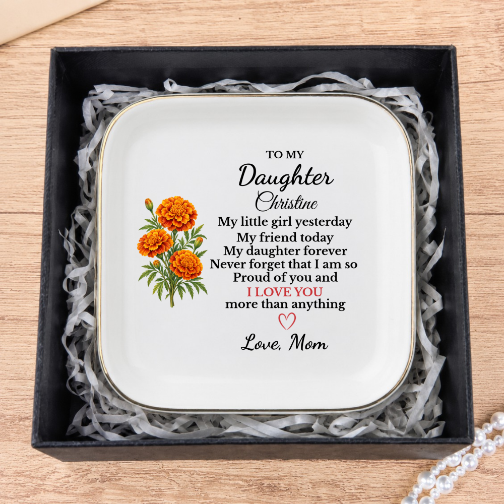 Personalized Daughter Birth Flower Jewelry Dish, Custom Name Trinket Tray, Sentimental Gift from Mom, Birthday Gift for Adult Daughter