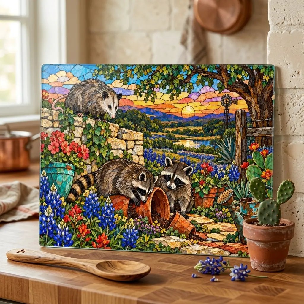 Mischief Opossum Glass Cutting Board, Texas Wildlife Kitchen Decor, Bluebonnet Possum Art, Funny Country Kitchen Gift, Texas Gift