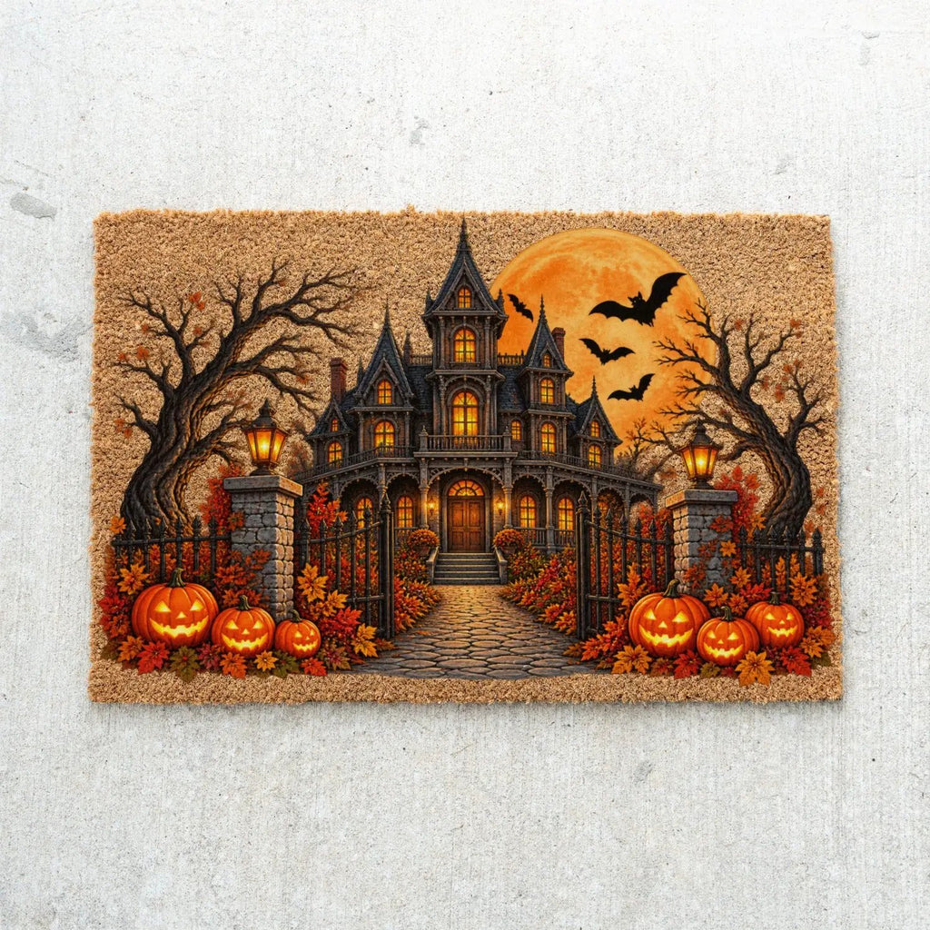 Haunted House Halloween Doormat, Gothic Mansion Coir Welcome Mat, Spooky Fall Porch Decor, Pumpkin Front Door Mat, Halloween Entryway