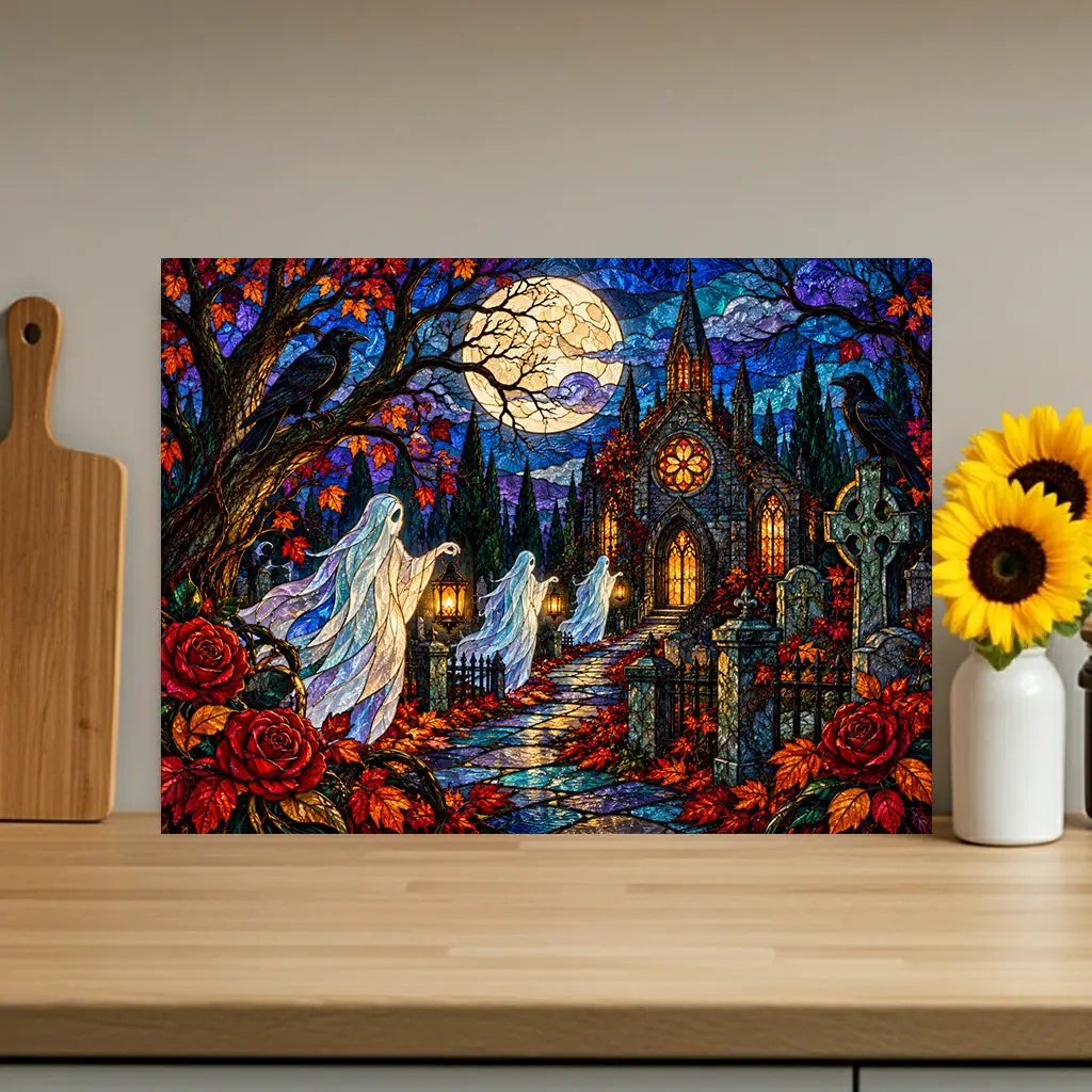 Halloween Ghost Personalized Glass Cutting Board, Haunted Graveyard Kitchen Decor