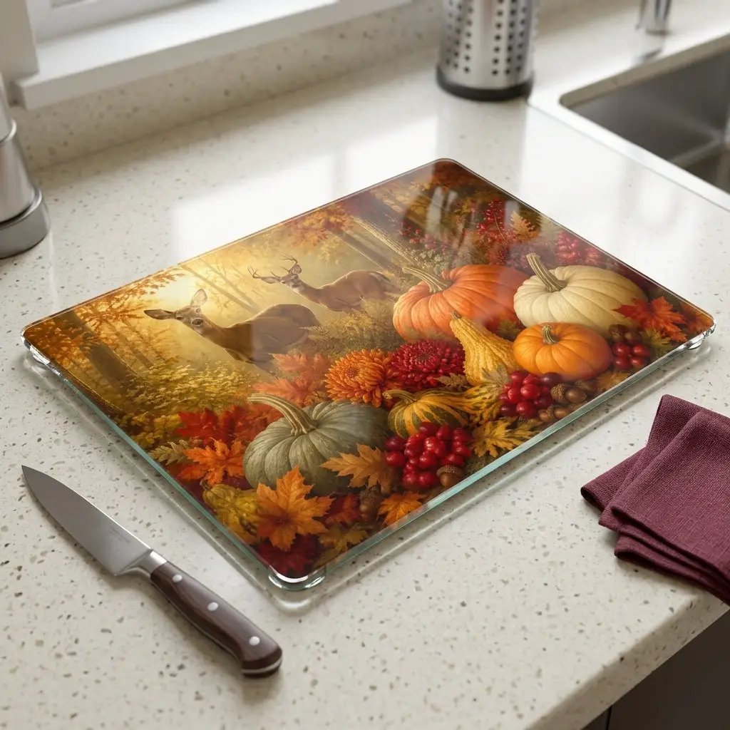 Deer Glass Cutting Board, Woodland Fall Kitchen Decor, Pumpkin Harvest Cutting Board, Rustic Autumn Gift