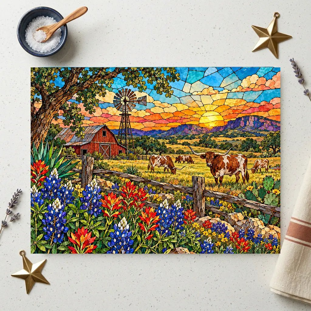 Texas Longhorn Glass Cutting Board, Bluebonnet Ranch Kitchen Decor, Western Farmhouse Gift, Texas Country Decor, Longhorn Cattle Art