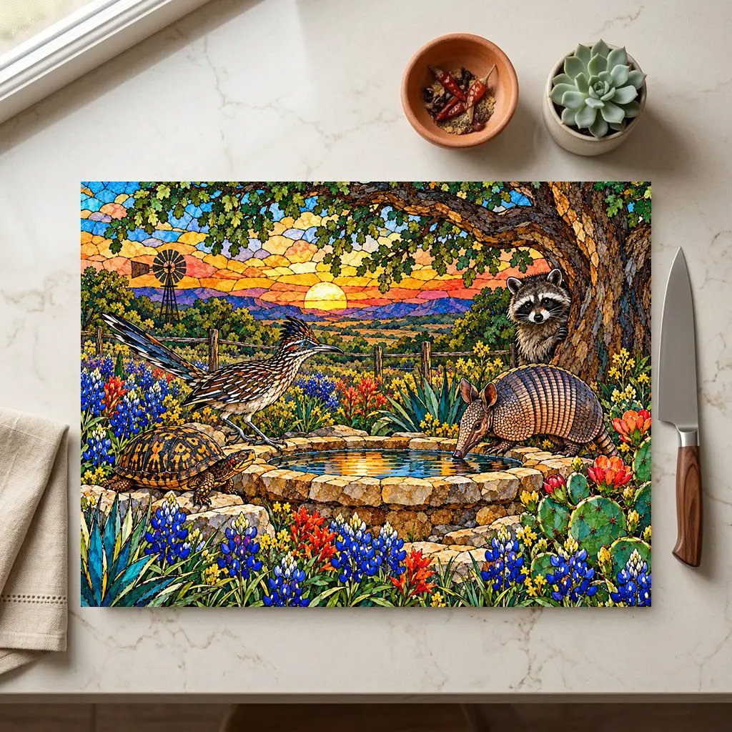 Texas Wildlife Glass Cutting Board, Roadrunner Armadillo Raccoon Bluebonnet Kitchen Decor, Waterhole Texas Gift, Colorful Southwest Art