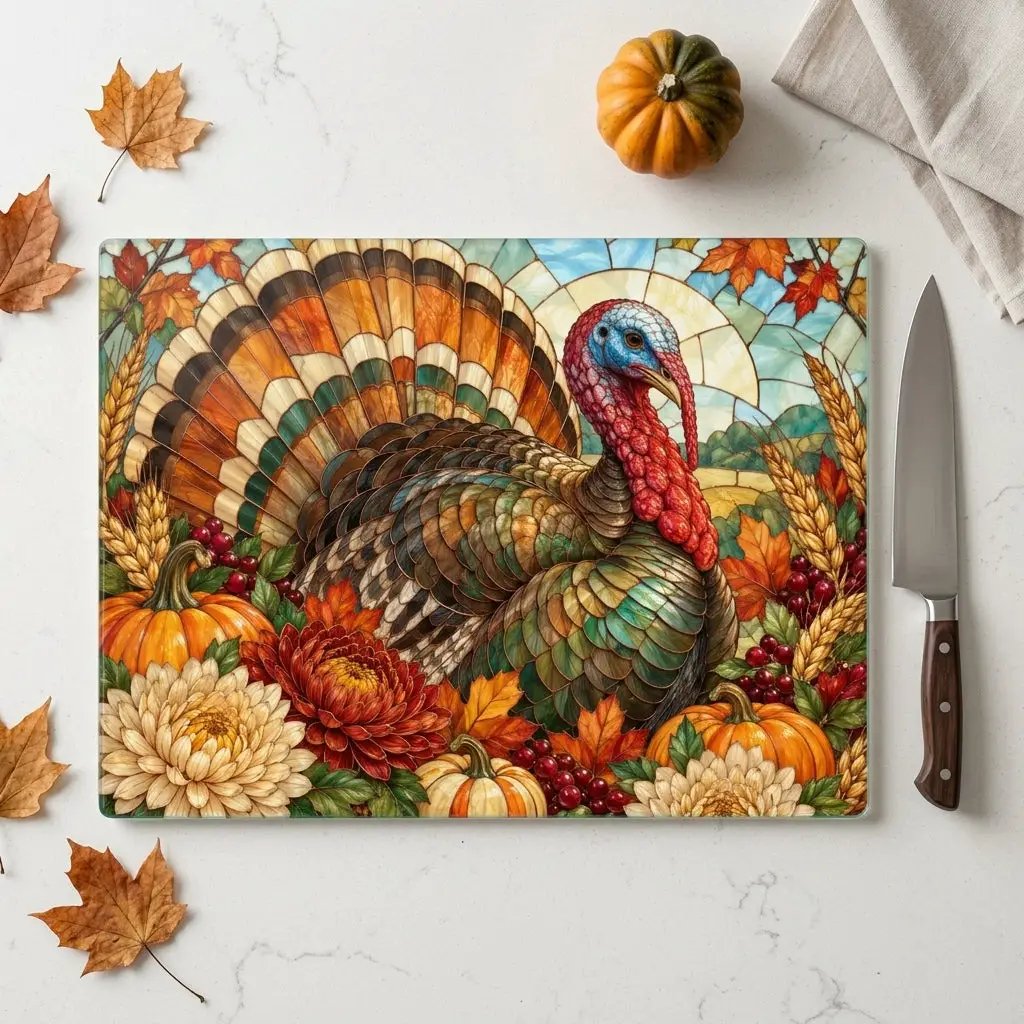 Thanksgiving Turkey Glass Cutting Board, Stained Glass Turkey Kitchen Decor, Fall Floral Harvest Cutting Board, Autumn Gift