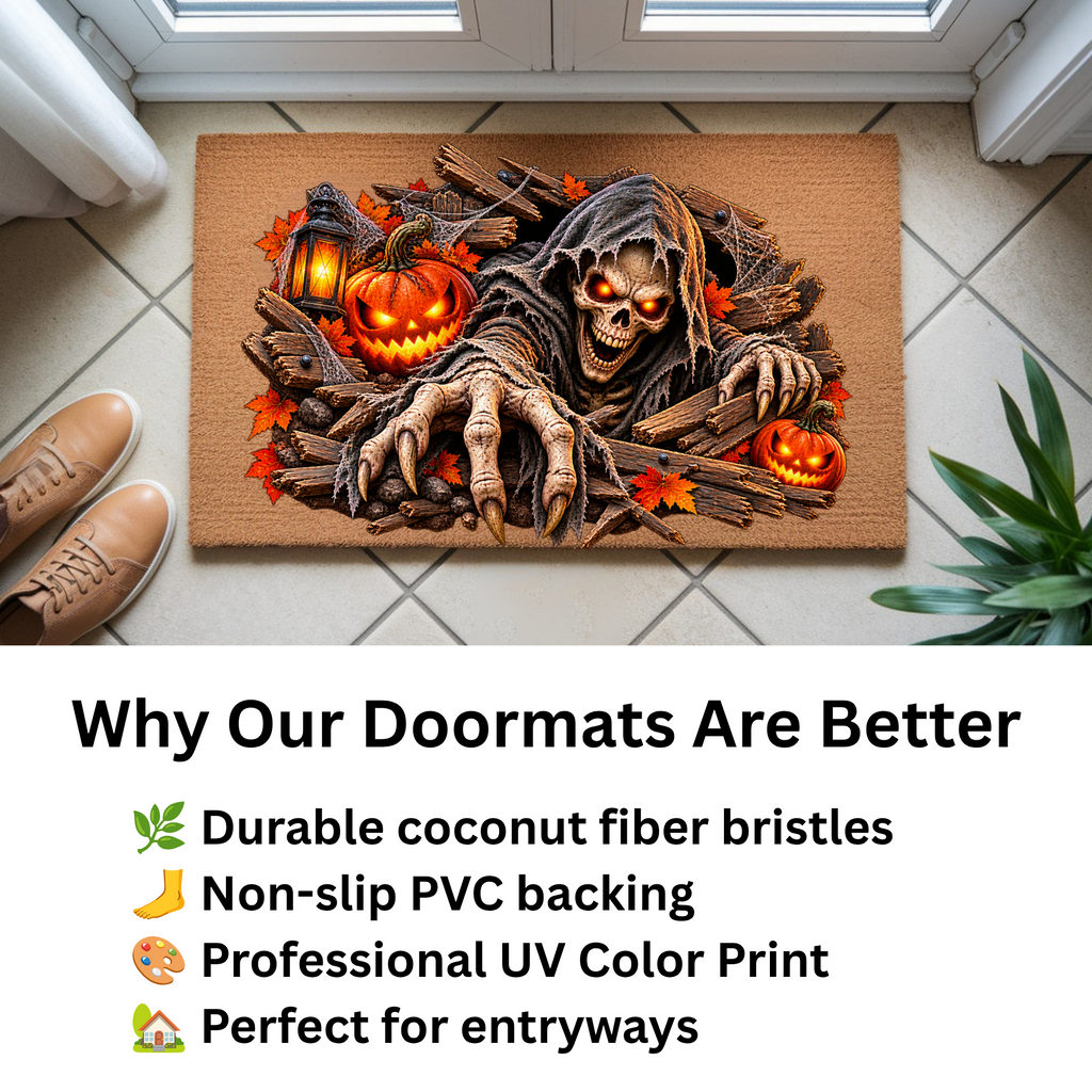 Horror Skeleton Doormat, Grim Reaper Halloween Coir Mat, Creepy Skeleton Welcome Mat, Scary Pumpkin Porch Decor, Haunted Door Mat