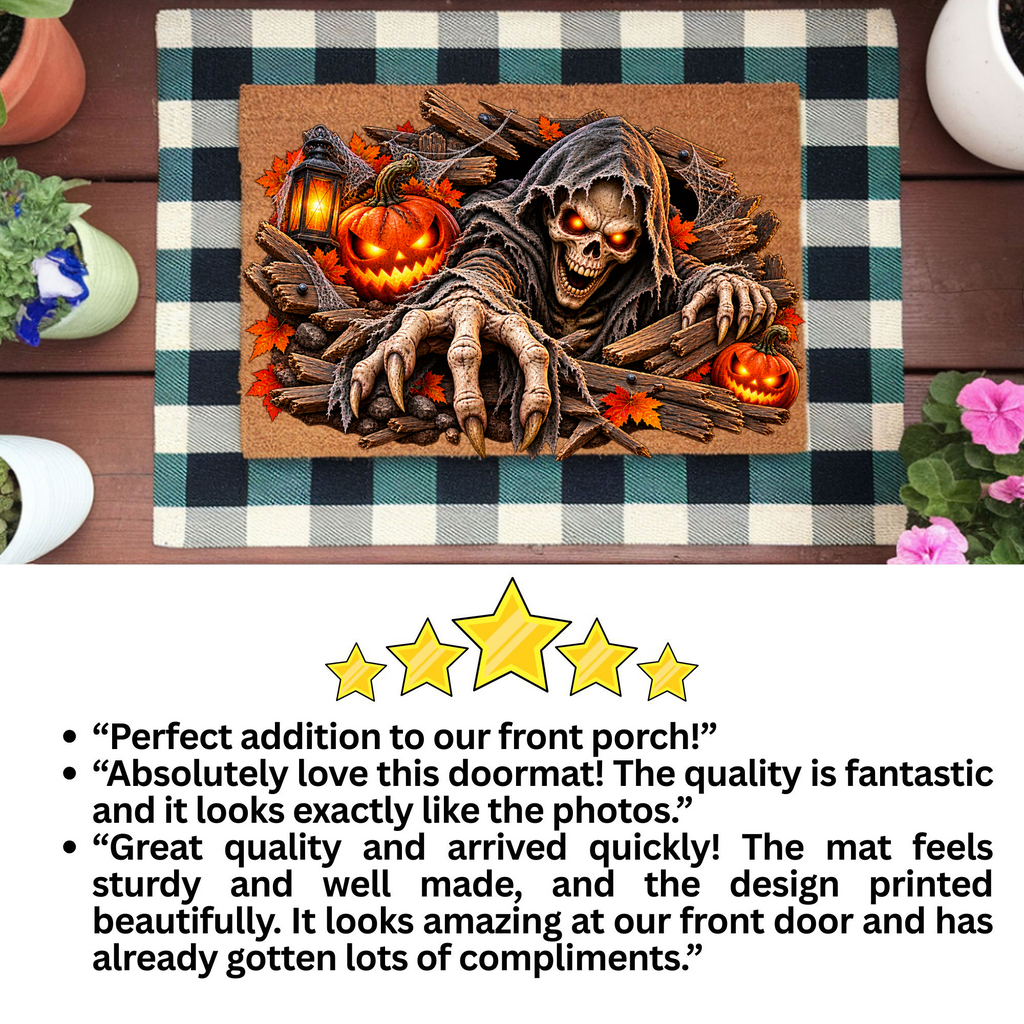 Horror Skeleton Doormat, Grim Reaper Halloween Coir Mat, Creepy Skeleton Welcome Mat, Scary Pumpkin Porch Decor, Haunted Door Mat