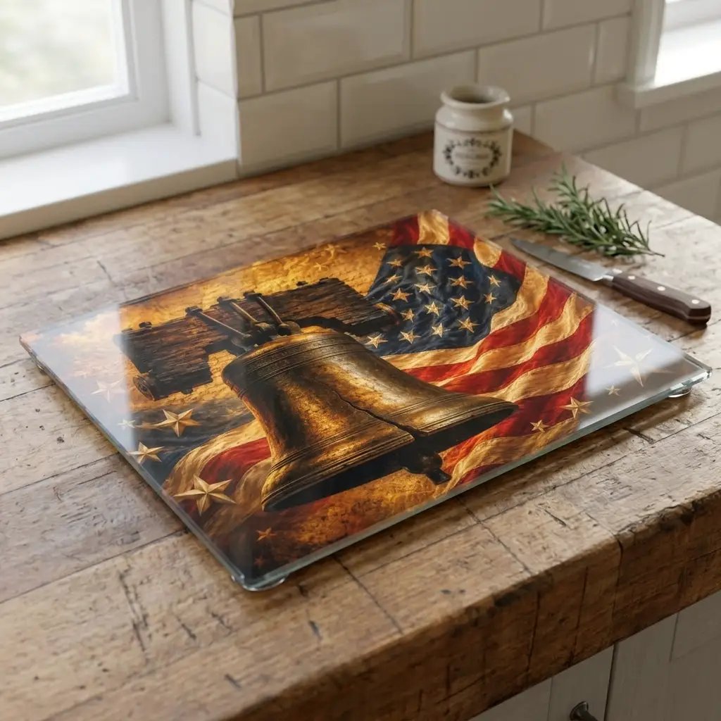 Liberty Bell Cutting Board, American Flag Glass Cutting Board, Patriotic Kitchen Decor, Americana Gift, USA Freedom Decor
