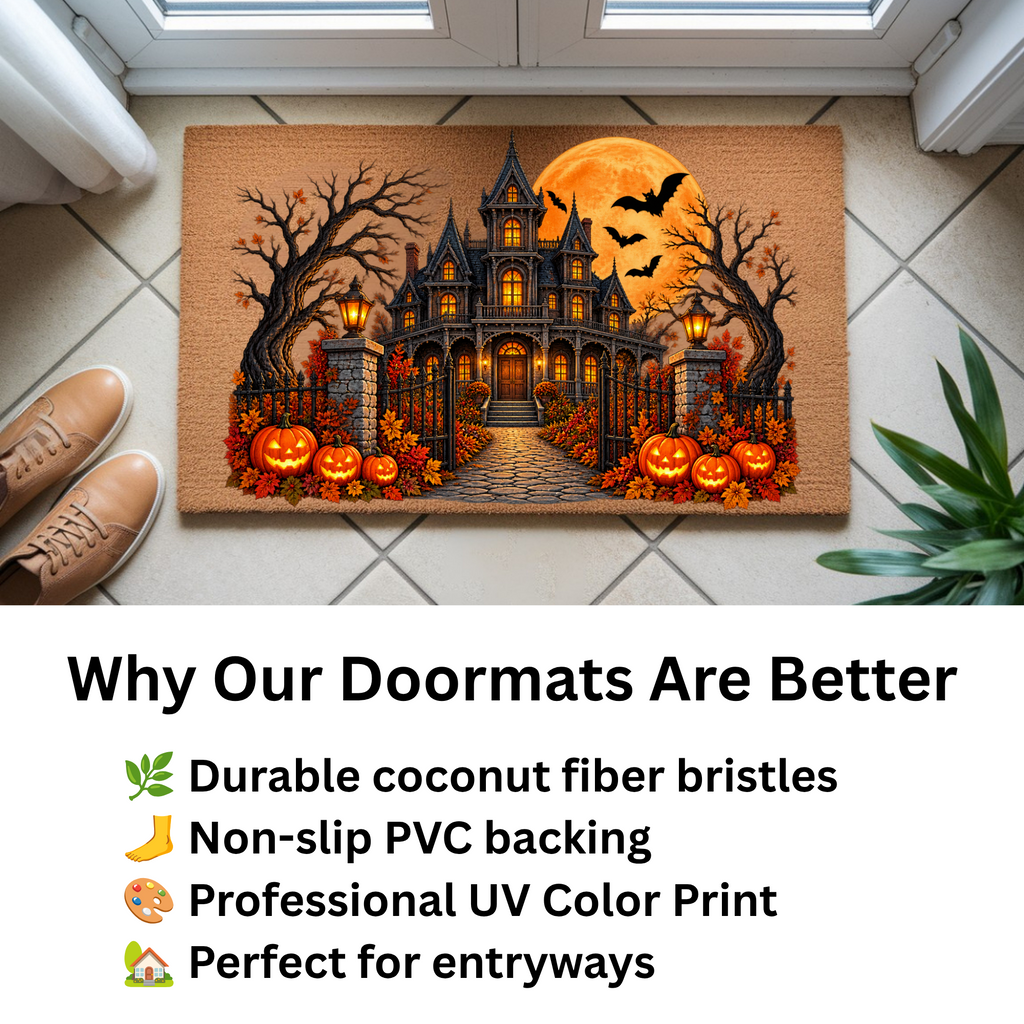 Haunted House Halloween Doormat, Gothic Mansion Coir Welcome Mat, Spooky Fall Porch Decor, Pumpkin Front Door Mat, Halloween Entryway