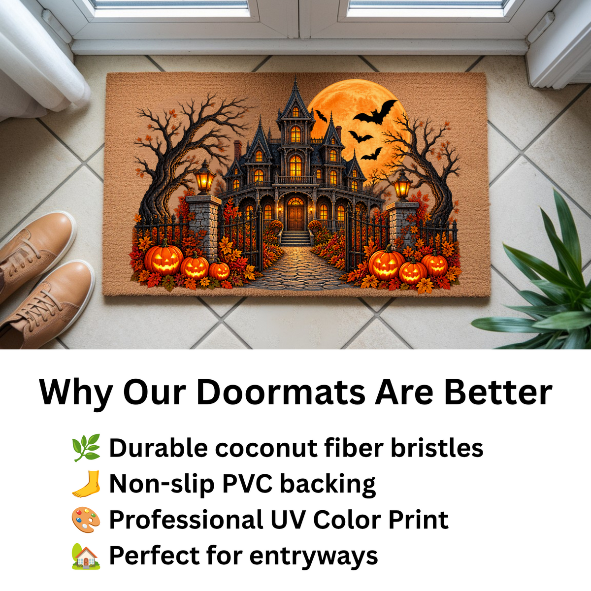 Haunted House Halloween Doormat, Gothic Mansion Coir Welcome Mat, Spooky Fall Porch Decor, Pumpkin Front Door Mat, Halloween Entryway