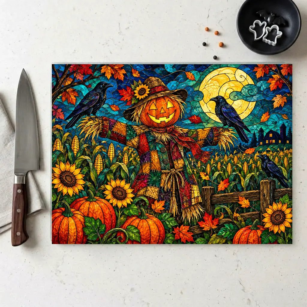 Halloween Scarecrow Personalized Glass Cutting Board, Spooky Pumpkin Kitchen Decor