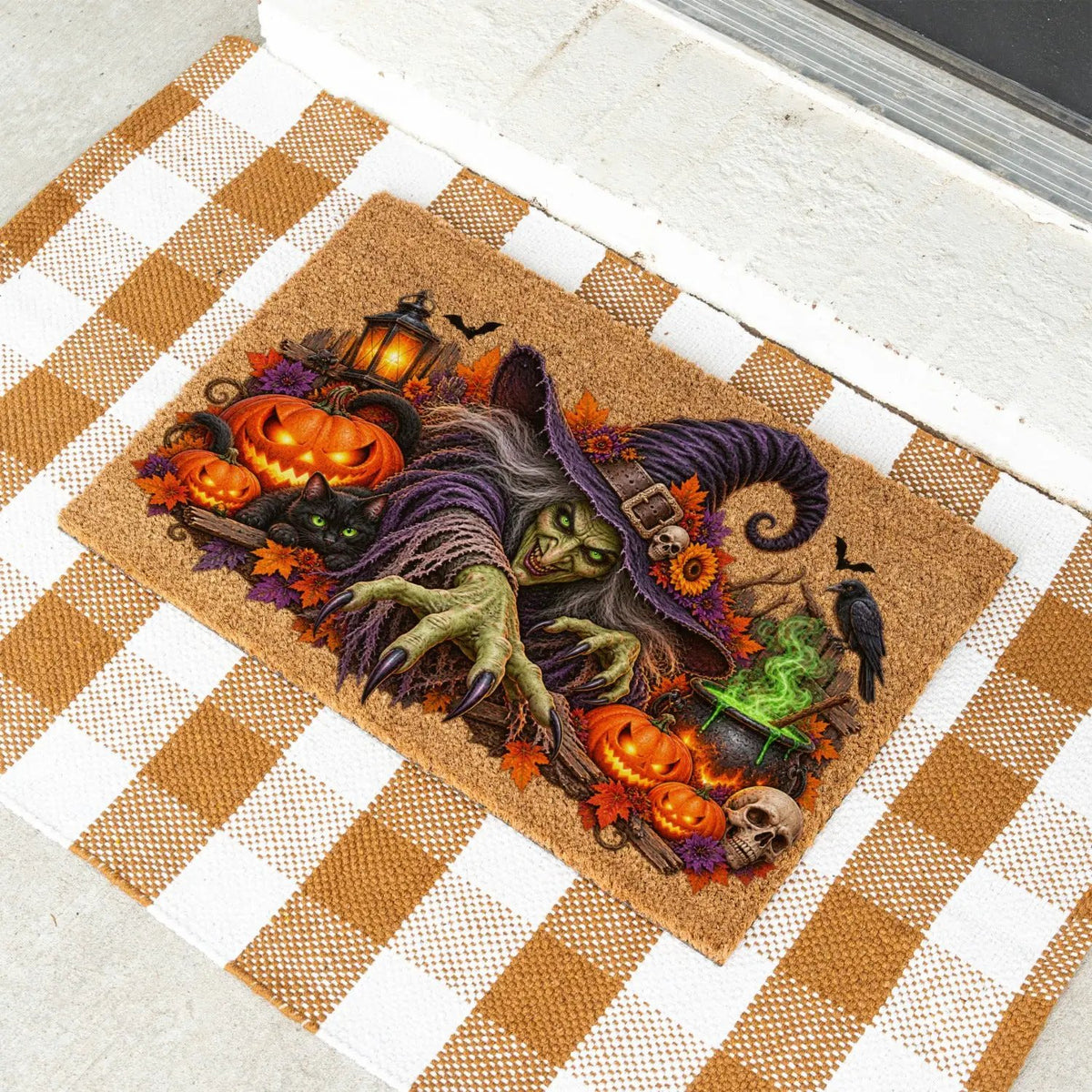 Horror Witch Doormat, Scary Halloween Coir Mat, Creepy Witch & Black Cat Welcome Mat, Pumpkin Porch Decor, Haunted House Door Mat