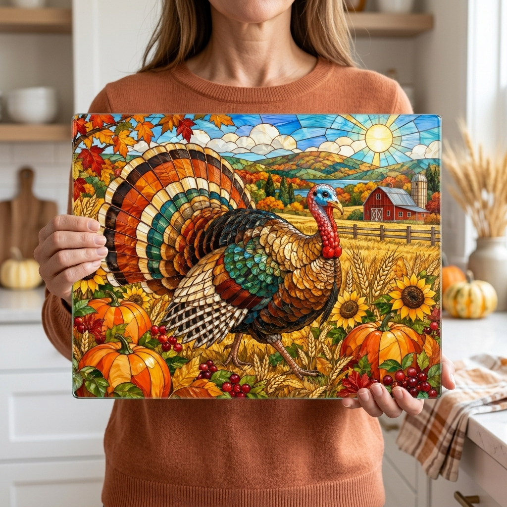 Thanksgiving Turkey Glass Cutting Board, Farmhouse Fall Kitchen Decor, Harvest Turkey Chopping Board, Autumn Hostess Gift