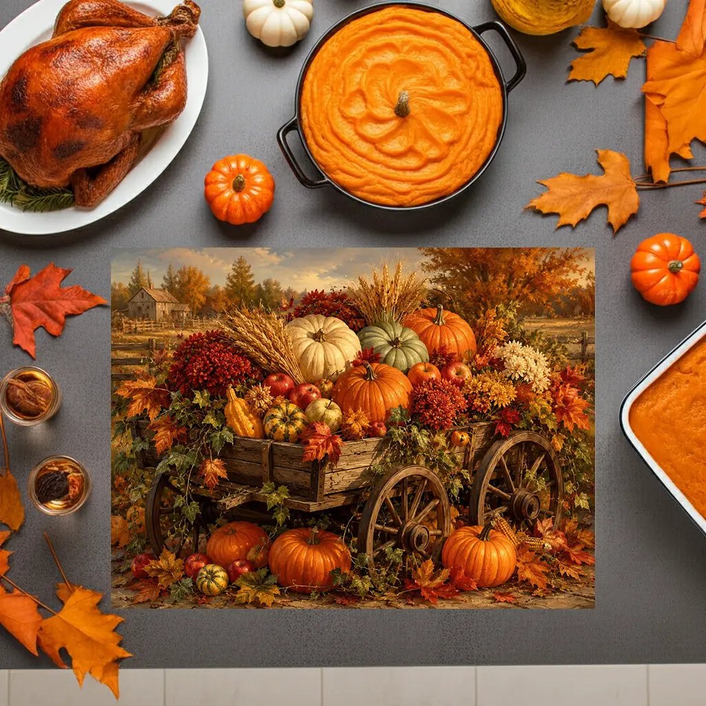 Fall Harvest Wagon Glass Cutting Board, Rustic Farmhouse Kitchen Decor, Pumpkin Cutting Board, Thanksgiving Gift