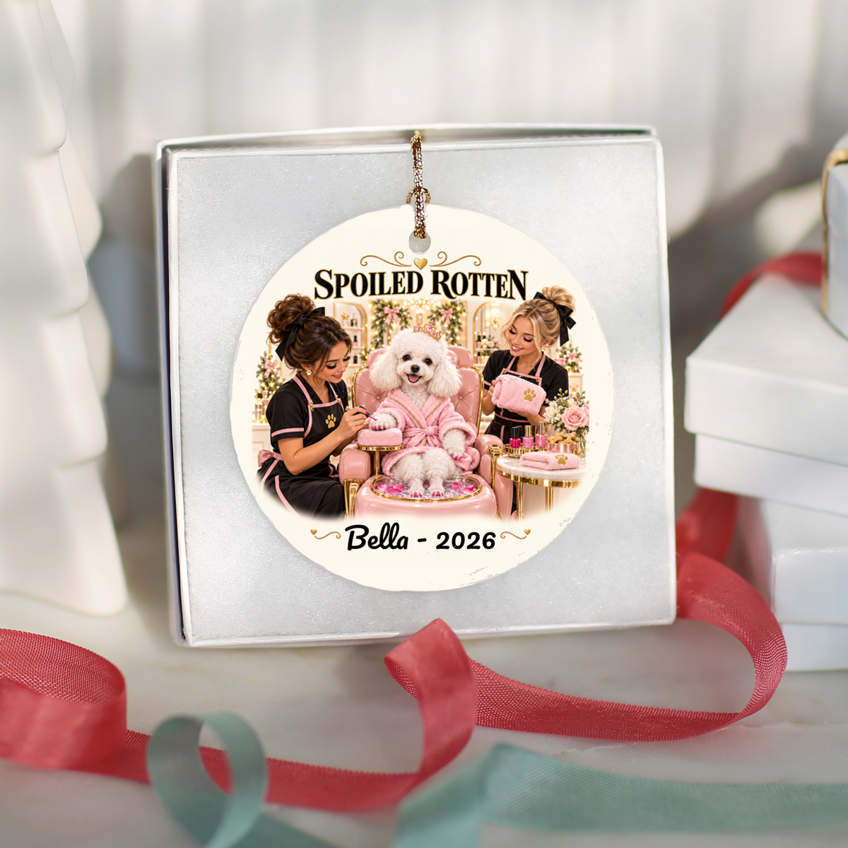 Personalized Pet Photo Christmas Ornament, Spoiled Rotten Dog Spa Ornament, Custom Dog or Cat Gift, Pet Name and Year, Ceramic Keepsake