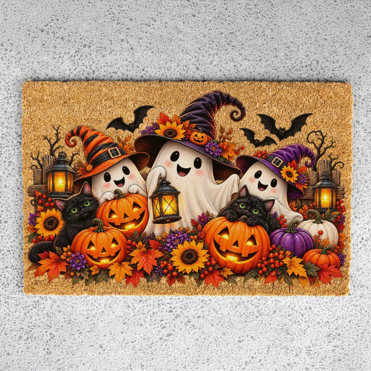 Halloween Ghost Doormat, Black Cat & Pumpkin Coir Mat, Cute Spooky Welcome Mat, Witch Ghost Fall Porch Decor, Halloween Door Mat